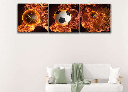 Soccer ball & basketball &Tennis ball plus Racket in action fire AOA14290 {3x}