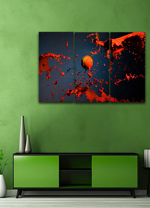 red paint splash and tennis ball on blue background AOA14315 {x3}