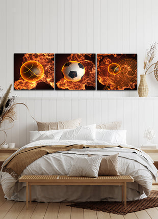 Soccer ball & basketball &Tennis ball plus Racket in action fire AOA14290 {3x}