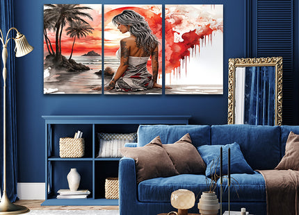 Woman Walking On Beach Painting Tranquil Seascape Artwork AOA13129 {x3}