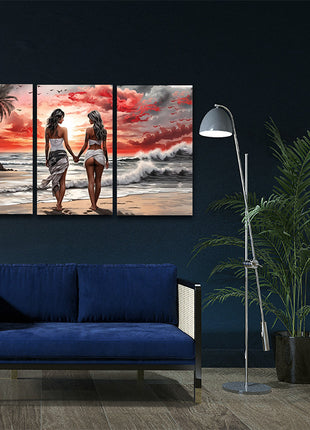 Women Walking On Beach Serene Moment Painting Tranquil Seascape & AOA13131 {x3}