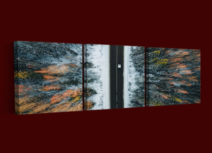 Aerial view of winter country road and snow covered trees in forest  AOA13014 {x3}