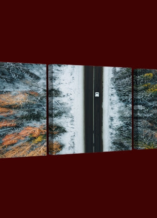 Aerial view of winter country road and snow covered trees in forest  AOA13014 {x3}