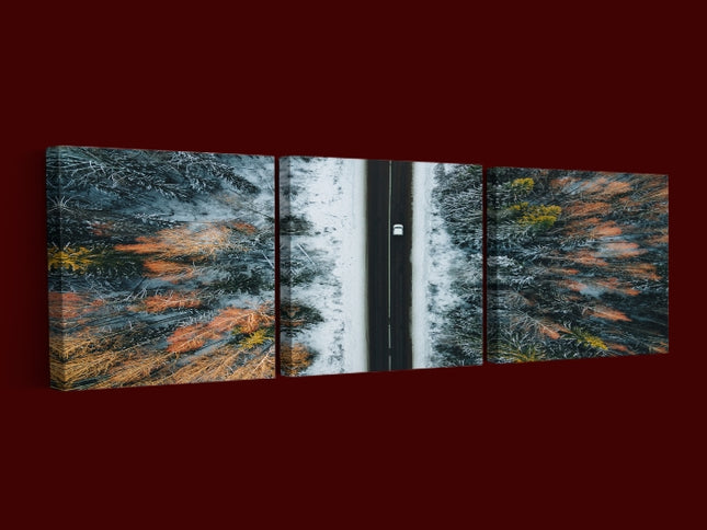 Aerial view of winter country road and snow covered trees in forest  AOA13014 {x3}