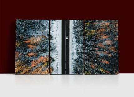 Aerial view of winter country road and snow covered trees in forest  AOA13014 {x3}