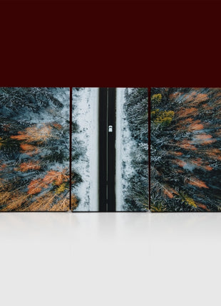 Aerial view of winter country road and snow covered trees in forest  AOA13014 {x3}