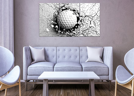Golf ball breaking forcibly through a white wall AOA13076 {x3}