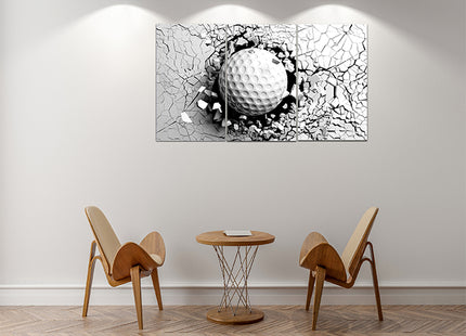 Golf ball breaking forcibly through a white wall AOA13076 {x3}