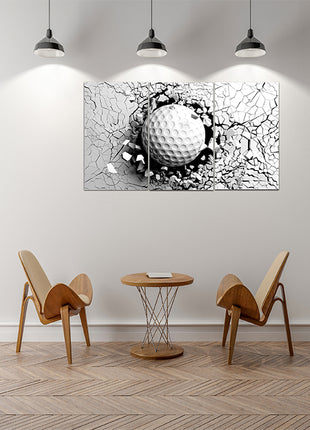 Golf ball breaking forcibly through a white wall AOA13076 {x3}