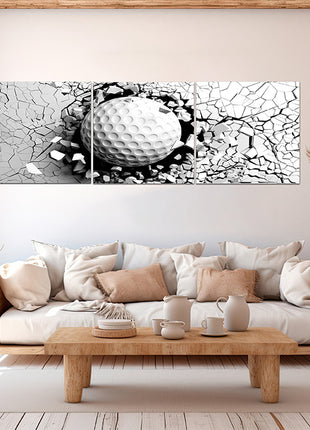 Golf ball breaking forcibly through a white wall AOA13076 {x3}