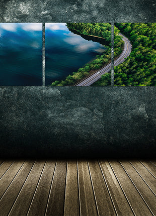 Aerial view of blue lake in Finland green forest and Road AOA13009 {x3}