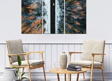 Aerial view of winter country road and snow covered trees in forest  AOA13014 {x3}