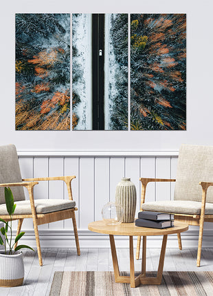 Aerial view of winter country road and snow covered trees in forest  AOA13014 {x3}