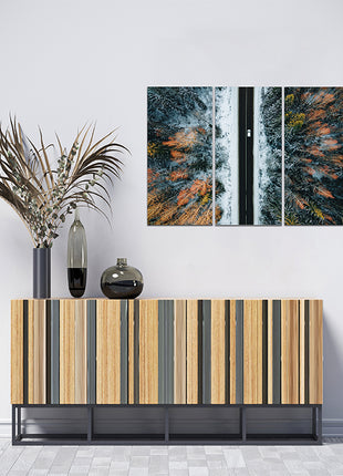 Aerial view of winter country road and snow covered trees in forest  AOA13014 {x3}
