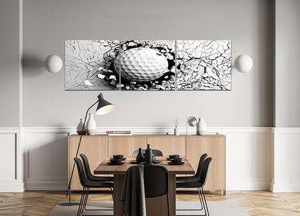 Golf ball breaking forcibly through a white wall AOA13076 {x3}