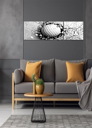 Golf ball breaking forcibly through a white wall AOA13076 {x3}