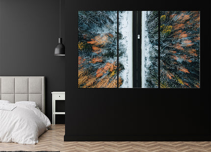 Aerial view of winter country road and snow covered trees in forest  AOA13014 {x3}