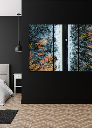 Aerial view of winter country road and snow covered trees in forest  AOA13014 {x3}