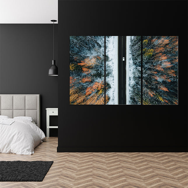 Aerial view of winter country road and snow covered trees in forest  AOA13014 {x3}