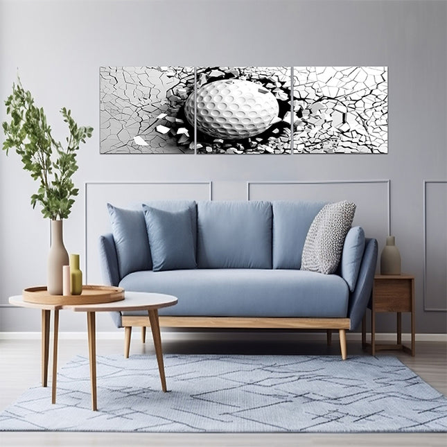 Golf ball breaking forcibly through a white wall AOA13076 {x3}