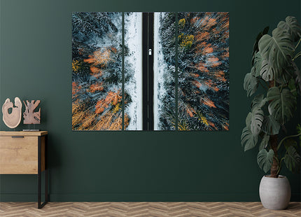 Aerial view of winter country road and snow covered trees in forest  AOA13014 {x3}