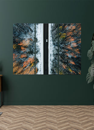 Aerial view of winter country road and snow covered trees in forest  AOA13014 {x3}
