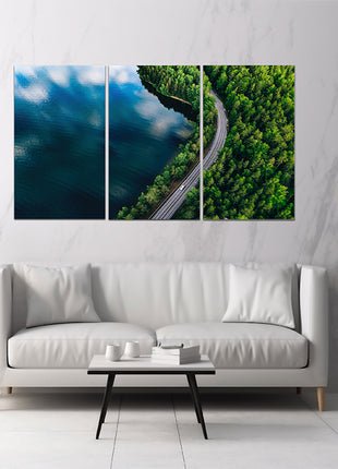 Aerial view of blue lake in Finland green forest and Road AOA13009 {x3}