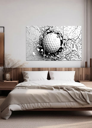 Golf ball breaking forcibly through a white wall AOA13076 {x3}