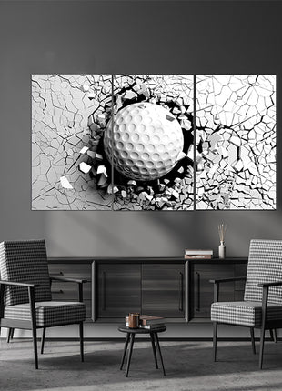 Golf ball breaking forcibly through a white wall AOA13076 {x3}