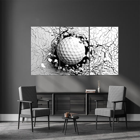 Golf ball breaking forcibly through a white wall AOA13076 {x3}