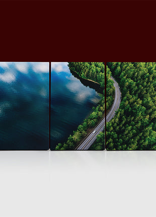 Aerial view of blue lake in Finland green forest and Road AOA13009 {x3}