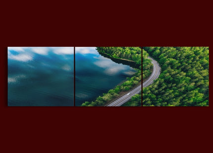 Aerial view of blue lake in Finland green forest and Road AOA13009 {x3}