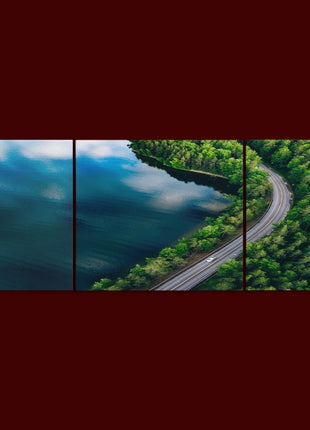 Aerial view of blue lake in Finland green forest and Road AOA13009 {x3}