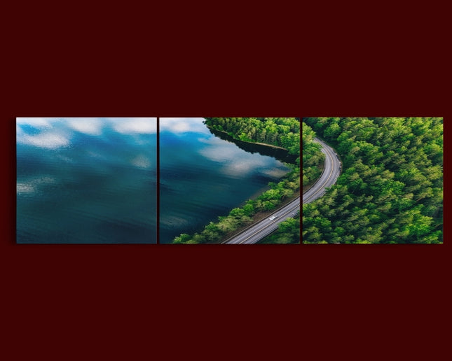 Aerial view of blue lake in Finland green forest and Road AOA13009 {x3}