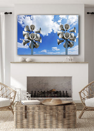 Many Loudspeakers Against Blue, Cloudy Sky AOAY7205