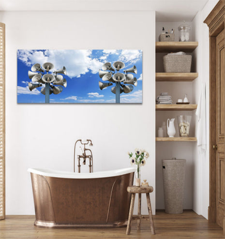 Many Loudspeakers Against Blue, Cloudy Sky AOAY7205