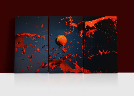red paint splash and tennis ball on blue background AOA14315 {x3}