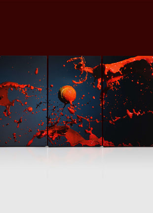 red paint splash and tennis ball on blue background AOA14315 {x3}
