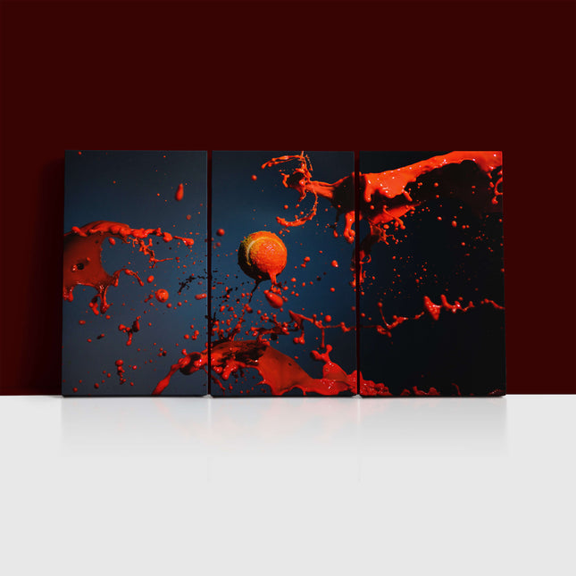 red paint splash and tennis ball on blue background AOA14315 {x3}